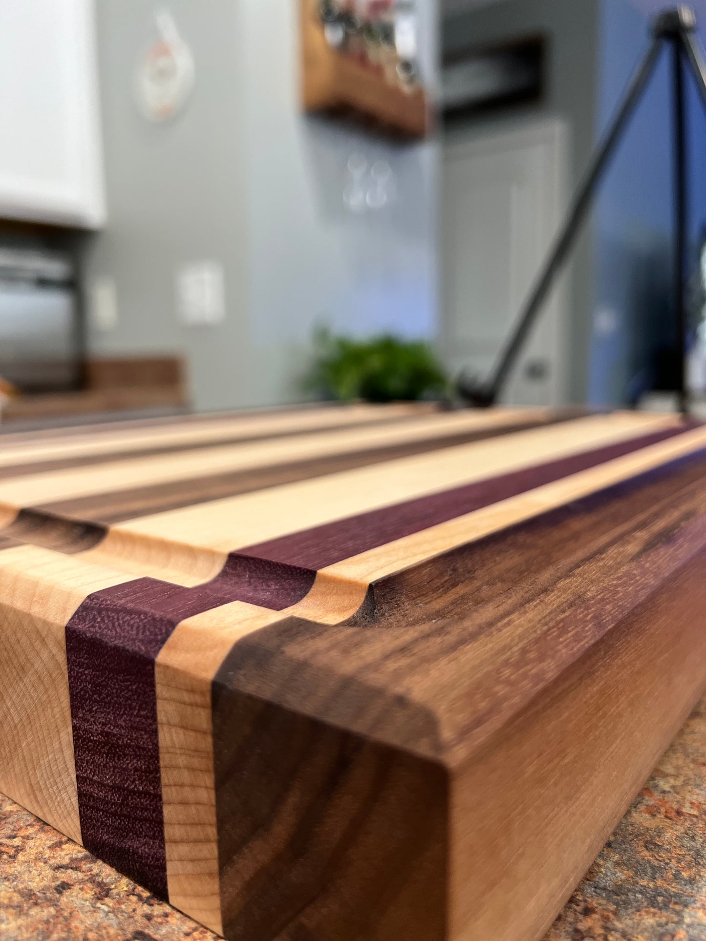 Black Walnut, Purpleheart and Hard Maple side grain cutting board