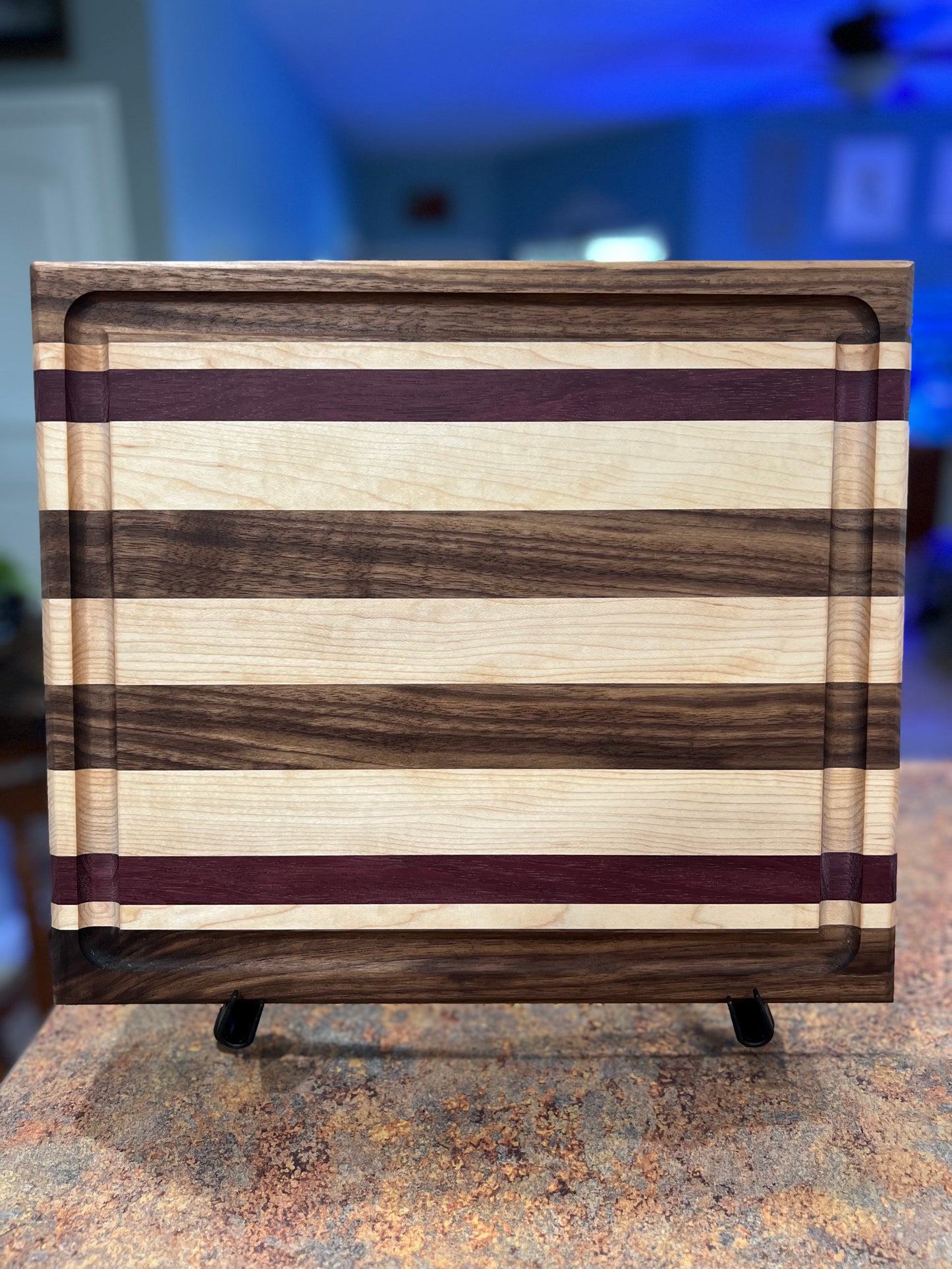 Black Walnut, Purpleheart and Hard Maple side grain cutting board