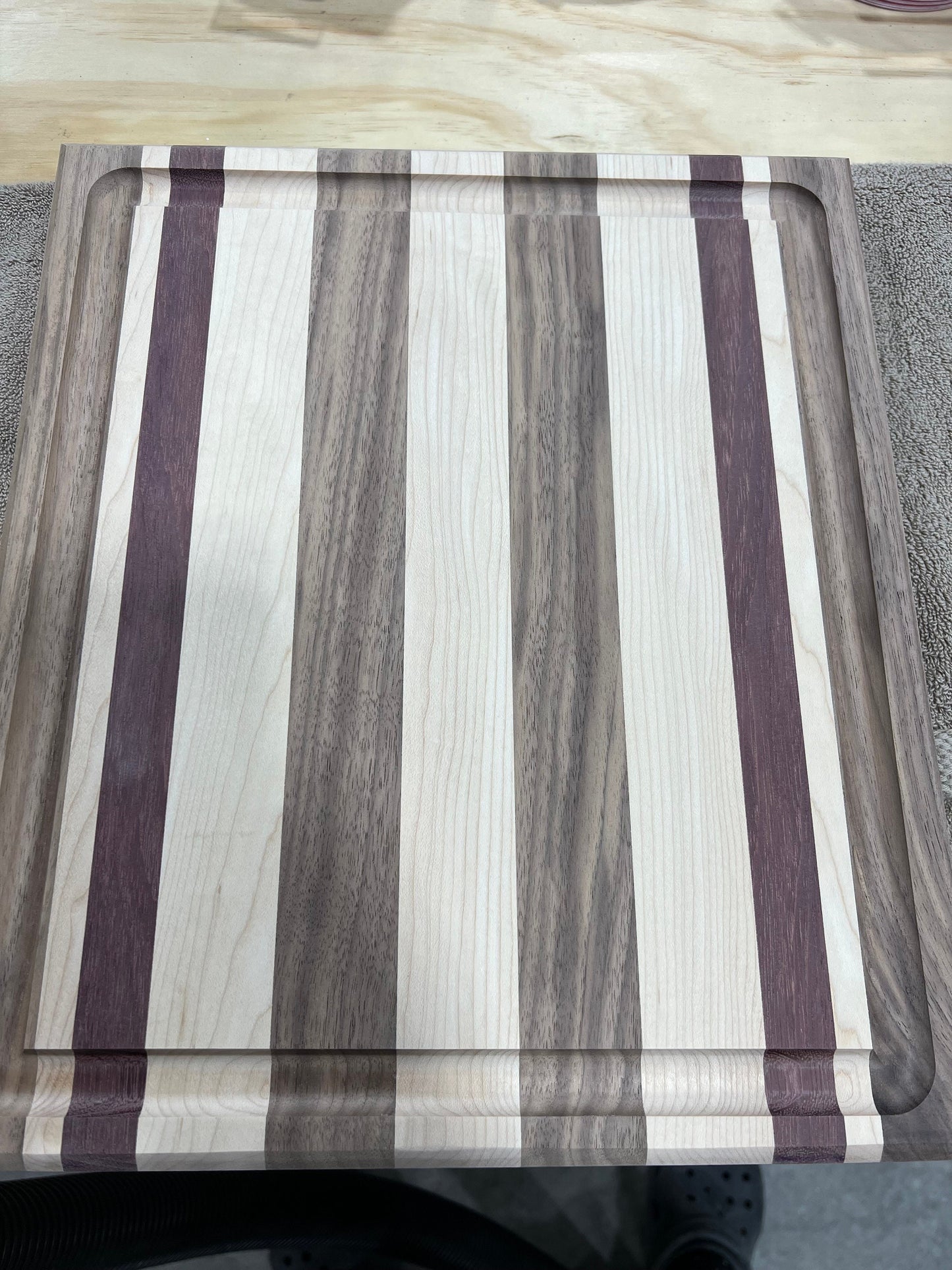 Black Walnut, Purpleheart and Hard Maple side grain cutting board