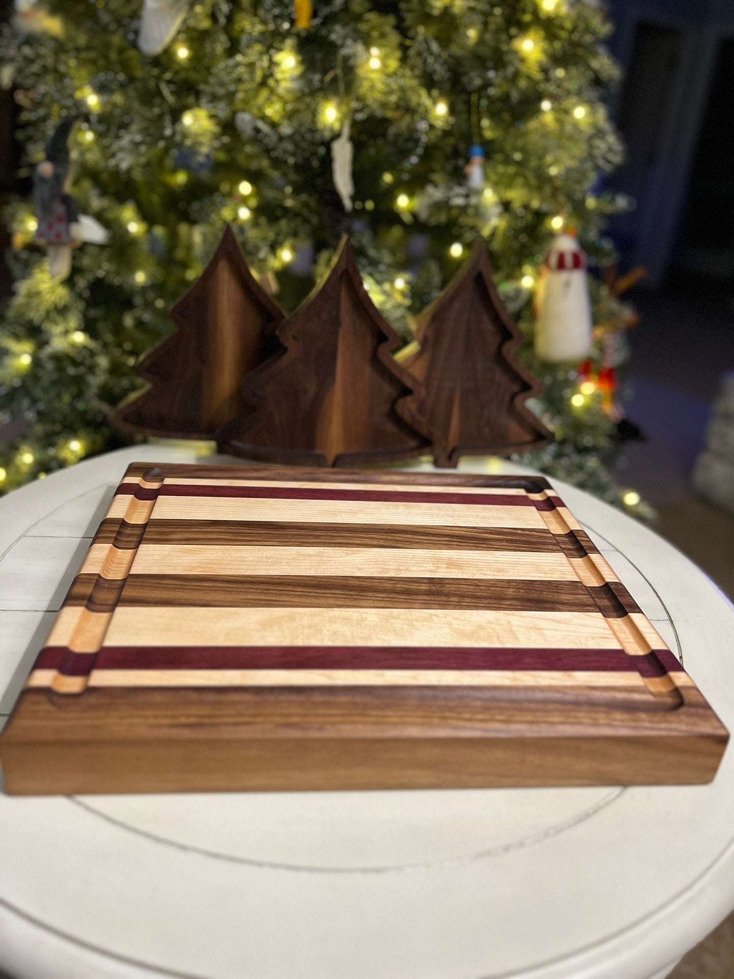 Black Walnut, Purpleheart and Hard Maple side grain cutting board